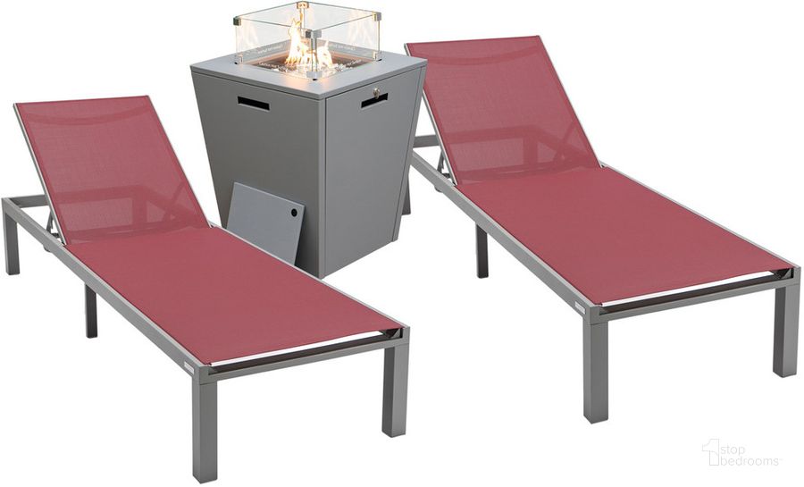 The appearance of Marlin Outdoor Patio Chaise Lounge Chair With Square Fire Pit Side Table Set of 2 In Burgundy designed by LeisureMod in the modern / contemporary interior design. This burgundy piece of furniture  was selected by 1StopBedrooms from Marlin Collection to add a touch of cosiness and style into your home. Sku: MLGRCF21-77BRG2. Material: Aluminum. Product Type: Outdoor Conversation Set. Image1
