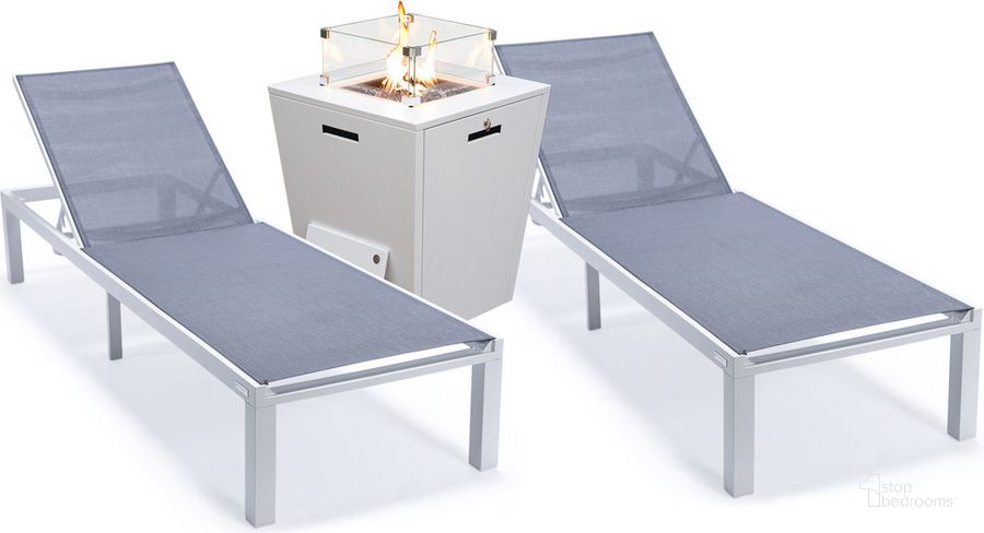 The appearance of Marlin Outdoor Patio Chaise Lounge Chair With Square Fire Pit Side Table Set of 2 In Dark Grey designed by LeisureMod in the modern / contemporary interior design. This dark grey piece of furniture  was selected by 1StopBedrooms from Marlin Collection to add a touch of cosiness and style into your home. Sku: MLWCF21-77DGR2. Material: Aluminum. Product Type: Outdoor Conversation Set. Image1