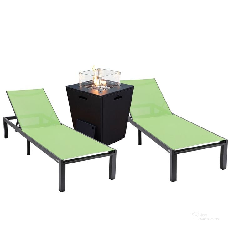 The appearance of Marlin Outdoor Patio Chaise Lounge Chair With Square Fire Pit Side Table Set of 2 In Green designed by LeisureMod in the modern / contemporary interior design. This green piece of furniture  was selected by 1StopBedrooms from Marlin Collection to add a touch of cosiness and style into your home. Sku: MLBLCF21-77G2. Material: Aluminum. Product Type: Outdoor Conversation Set. Image1