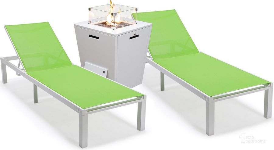 The appearance of Marlin Outdoor Patio Chaise Lounge Chair With Square Fire Pit Side Table Set of 2 In Green designed by LeisureMod in the modern / contemporary interior design. This green piece of furniture  was selected by 1StopBedrooms from Marlin Collection to add a touch of cosiness and style into your home. Sku: MLWCF21-77G2. Material: Aluminum. Product Type: Outdoor Conversation Set. Image1