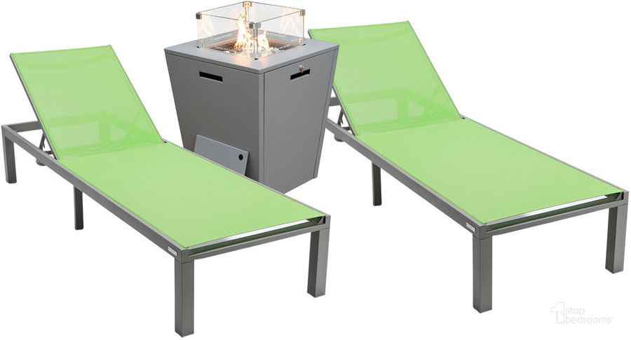 The appearance of Marlin Outdoor Patio Chaise Lounge Chair With Square Fire Pit Side Table Set of 2 In Green designed by LeisureMod in the modern / contemporary interior design. This green piece of furniture  was selected by 1StopBedrooms from Marlin Collection to add a touch of cosiness and style into your home. Sku: MLGRCF21-77G2. Material: Aluminum. Product Type: Outdoor Conversation Set. Image1