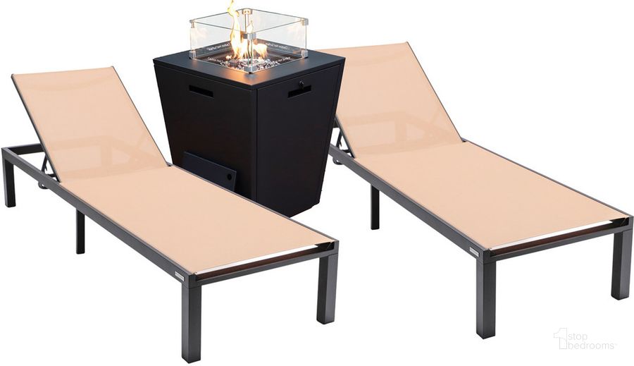 The appearance of Marlin Outdoor Patio Chaise Lounge Chair With Square Fire Pit Side Table Set of 2 In Light Brown designed by LeisureMod in the modern / contemporary interior design. This light brown piece of furniture  was selected by 1StopBedrooms from Marlin Collection to add a touch of cosiness and style into your home. Sku: MLBLCF21-77LBR2. Material: Aluminum. Product Type: Outdoor Conversation Set. Image1