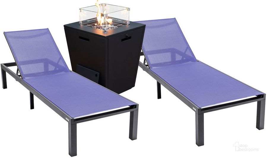 The appearance of Marlin Outdoor Patio Chaise Lounge Chair With Square Fire Pit Side Table Set of 2 In Navy Blue designed by LeisureMod in the modern / contemporary interior design. This navy blue piece of furniture  was selected by 1StopBedrooms from Marlin Collection to add a touch of cosiness and style into your home. Sku: MLBLCF21-77NBU2. Material: Aluminum. Product Type: Outdoor Conversation Set. Image1