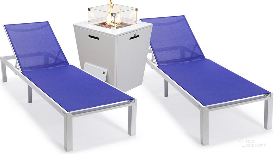 The appearance of Marlin Outdoor Patio Chaise Lounge Chair With Square Fire Pit Side Table Set of 2 In Navy Blue designed by LeisureMod in the modern / contemporary interior design. This navy blue piece of furniture  was selected by 1StopBedrooms from Marlin Collection to add a touch of cosiness and style into your home. Sku: MLWCF21-77NBU2. Material: Aluminum. Product Type: Outdoor Conversation Set. Image1