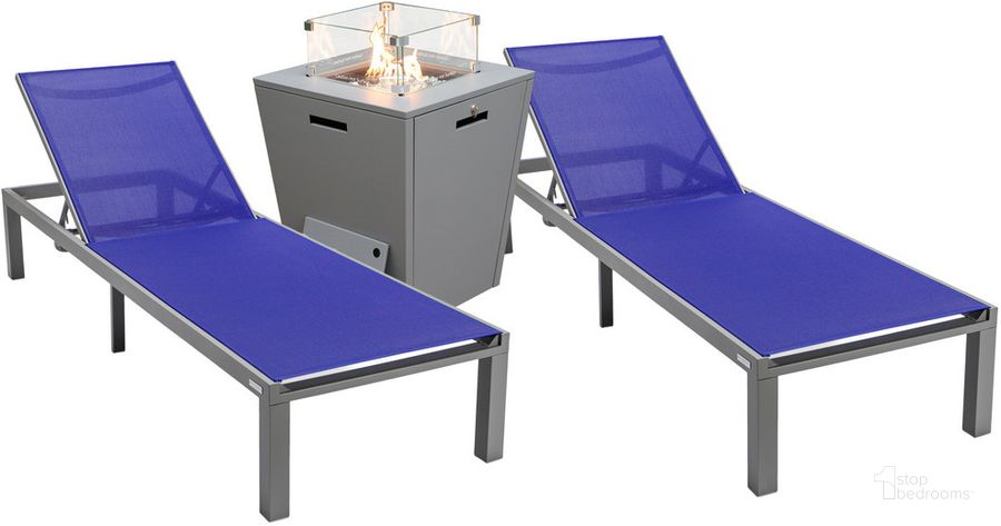 The appearance of Marlin Outdoor Patio Chaise Lounge Chair With Square Fire Pit Side Table Set of 2 In Navy Blue designed by LeisureMod in the modern / contemporary interior design. This navy blue piece of furniture  was selected by 1StopBedrooms from Marlin Collection to add a touch of cosiness and style into your home. Sku: MLGRCF21-77NBU2. Material: Aluminum. Product Type: Outdoor Conversation Set. Image1