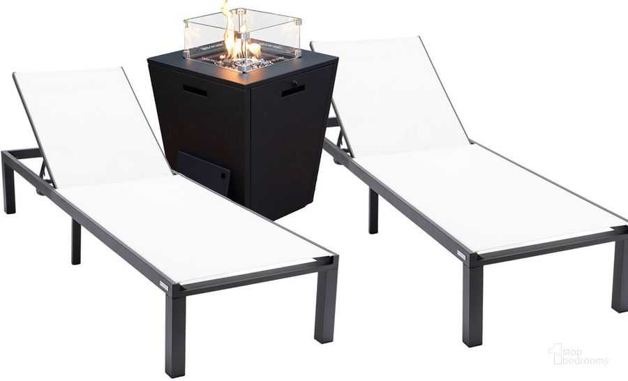 The appearance of Marlin Outdoor Patio Chaise Lounge Chair With Square Fire Pit Side Table Set of 2 In White designed by LeisureMod in the modern / contemporary interior design. This white piece of furniture  was selected by 1StopBedrooms from Marlin Collection to add a touch of cosiness and style into your home. Sku: MLBLCF21-77W2. Material: Aluminum. Product Type: Outdoor Conversation Set. Image1