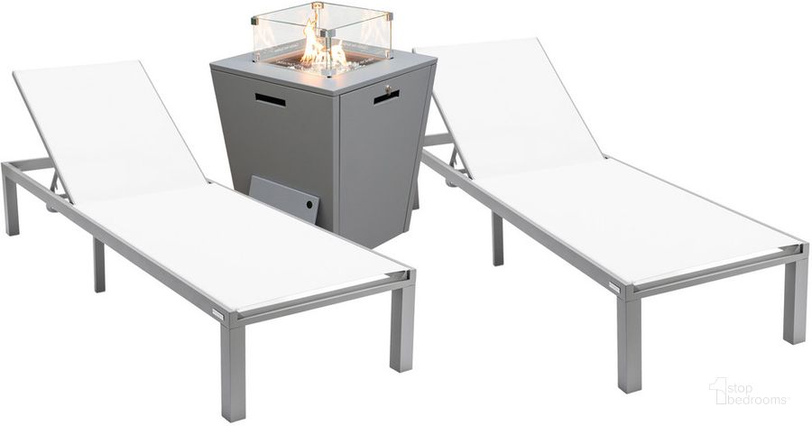 The appearance of Marlin Outdoor Patio Chaise Lounge Chair With Square Fire Pit Side Table Set of 2 In White designed by LeisureMod in the modern / contemporary interior design. This white piece of furniture  was selected by 1StopBedrooms from Marlin Collection to add a touch of cosiness and style into your home. Sku: MLGRCF21-77W2. Material: Aluminum. Product Type: Outdoor Conversation Set. Image1