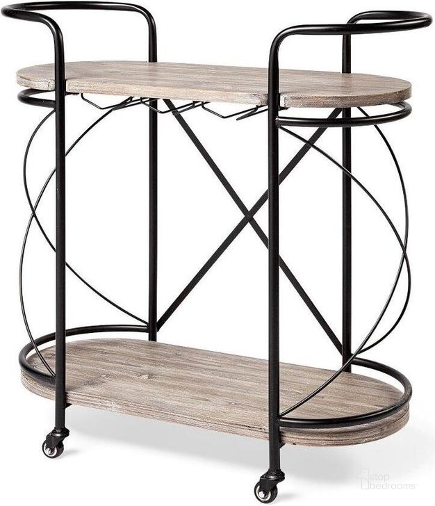 The appearance of Marlon Black Metal Frame Two Tier Shelves With Stemware Holder Bar Cart designed by Mercana in the modern / contemporary interior design. This black and brown piece of furniture  was selected by 1StopBedrooms from Marlon Collection to add a touch of cosiness and style into your home. Sku: 68921. Material: Wood. Product Type: Bar Cart. Image1