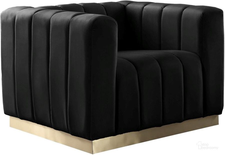 The appearance of Marlon Black Velvet Chair designed by Meridian in the modern / contemporary interior design. This black velvet piece of furniture  was selected by 1StopBedrooms from Marlon Collection to add a touch of cosiness and style into your home. Sku: 603Black-C. Product Type: Living Room Chair. Material: Velvet. Image1