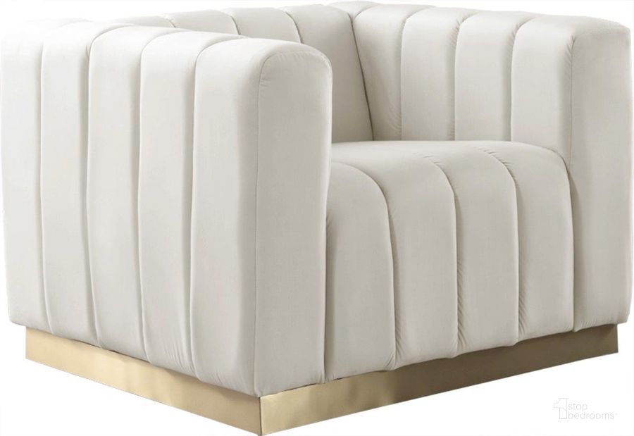 The appearance of Marlon Cream Velvet Chair designed by Meridian in the modern / contemporary interior design. This cream velvet piece of furniture  was selected by 1StopBedrooms from Marlon Collection to add a touch of cosiness and style into your home. Sku: 603Cream-C. Product Type: Living Room Chair. Material: Velvet. Image1