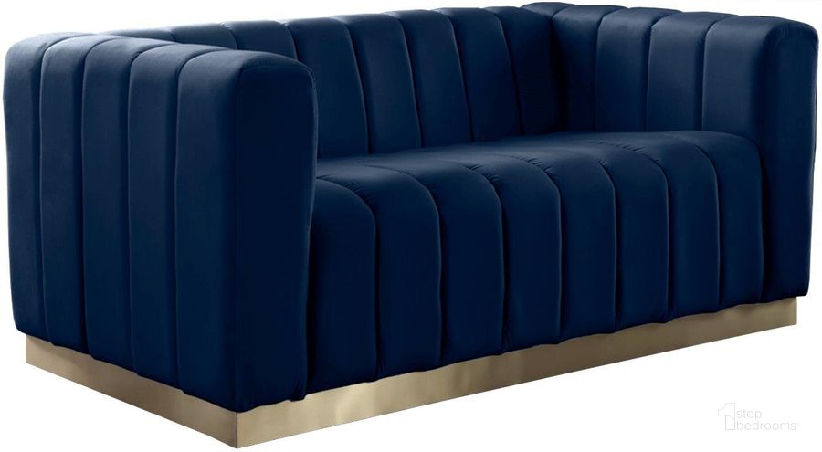 The appearance of Marlon Navy Velvet Loveseat designed by Meridian in the modern / contemporary interior design. This navy velvet piece of furniture  was selected by 1StopBedrooms from Marlon Collection to add a touch of cosiness and style into your home. Sku: 603Navy-L. Product Type: Loveseat. Material: Velvet. Image1