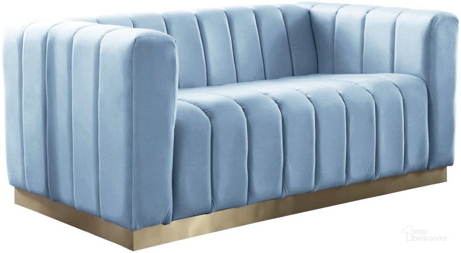 The appearance of Marlon Sky Blue Velvet Loveseat designed by Meridian in the modern / contemporary interior design. This sky blue velvet piece of furniture  was selected by 1StopBedrooms from Marlon Collection to add a touch of cosiness and style into your home. Sku: 603SkyBlu-L. Product Type: Loveseat. Material: Velvet. Image1