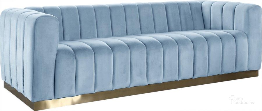 The appearance of Marlon Sky Blue Velvet Sofa designed by Meridian in the modern / contemporary interior design. This sky blue velvet piece of furniture  was selected by 1StopBedrooms from Marlon Collection to add a touch of cosiness and style into your home. Sku: 603SkyBlu-S. Product Type: Sofa. Material: Velvet. Image1