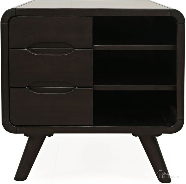 The appearance of Marlowe Mid-Century Modern 24 Inch Curved End Table With Storage Drawers In Dark Brown designed by Jofran in the transitional interior design. This dark brown piece of furniture  was selected by 1StopBedrooms from Marlowe Collection to add a touch of cosiness and style into your home. Sku: 2240-6. Product Type: End Table. Material: MDF. Image1