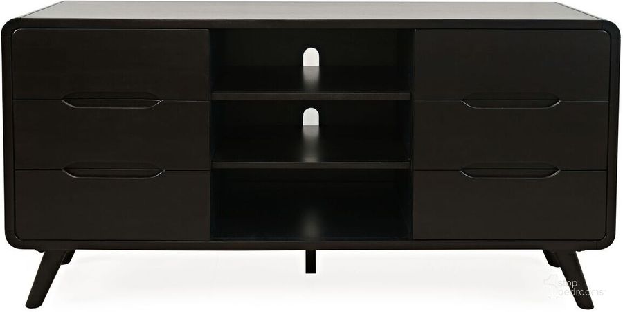 The appearance of Marlowe Mid-Century Modern 64 Inch Curved Media Console Tv Stand With Tapered Legs and Storage Drawers In Dark Brown designed by Jofran in the transitional interior design. This dark brown piece of furniture  was selected by 1StopBedrooms from Marlowe Collection to add a touch of cosiness and style into your home. Sku: 2242-64. Product Type: Media Console. Material: MDF. Image1