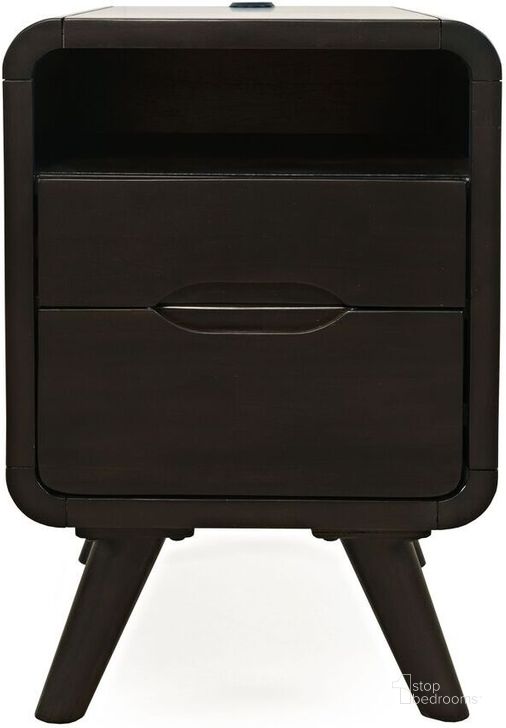The appearance of Marlowe Mid-Century Modern USB Charging Curved Chairside End Table With Storage Drawers In Dark Brown designed by Jofran in the transitional interior design. This dark brown piece of furniture  was selected by 1StopBedrooms from Marlowe Collection to add a touch of cosiness and style into your home. Sku: 2240-8. Product Type: End Table. Material: MDF. Image1