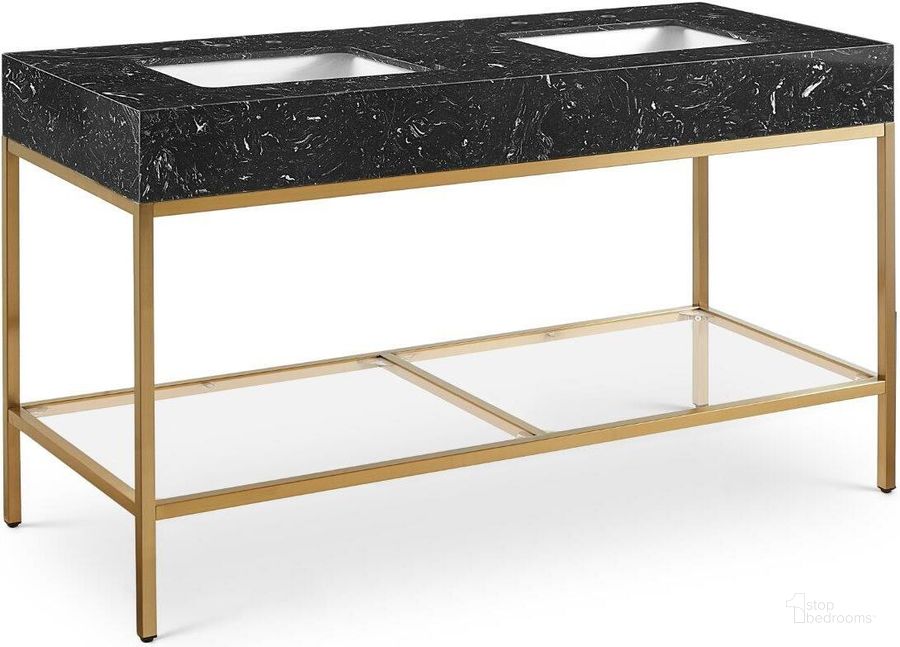 The appearance of Marmo Black Artificial Marble Bathroom Vanity 406Black-60 designed by Meridian in the modern / contemporary interior design. This black and gold piece of furniture  was selected by 1StopBedrooms from Marmo Collection to add a touch of cosiness and style into your home. Sku: 406Black-60. Material: Marble. Product Type: Bathroom Vanity. Image1