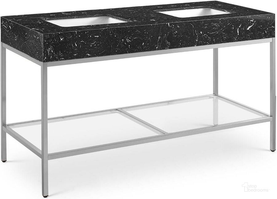 The appearance of Marmo Black Artificial Marble Bathroom Vanity 408Black-60 designed by Meridian in the modern / contemporary interior design. This silver and black piece of furniture  was selected by 1StopBedrooms from Marmo Collection to add a touch of cosiness and style into your home. Sku: 408Black-60. Material: Marble. Product Type: Bathroom Vanity. Image1