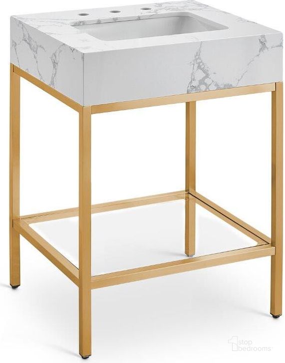 The appearance of Marmo White Artificial Marble Bathroom Vanity 406White-24 designed by Meridian in the modern / contemporary interior design. This white and gold piece of furniture  was selected by 1StopBedrooms from Marmo Collection to add a touch of cosiness and style into your home. Sku: 406White-24. Material: Marble. Product Type: Bathroom Vanity. Image1