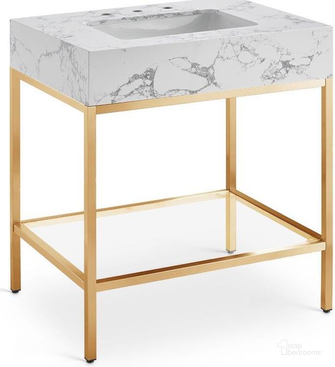 The appearance of Marmo White Artificial Marble Bathroom Vanity 406White-30 designed by Meridian in the modern / contemporary interior design. This white and gold piece of furniture  was selected by 1StopBedrooms from Marmo Collection to add a touch of cosiness and style into your home. Sku: 406White-30. Material: Marble. Product Type: Bathroom Vanity. Image1