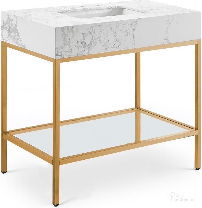 The appearance of Marmo White Artificial Marble Bathroom Vanity 406White-36 designed by Meridian in the modern / contemporary interior design. This white and gold piece of furniture  was selected by 1StopBedrooms from Marmo Collection to add a touch of cosiness and style into your home. Sku: 406White-36. Material: Marble. Product Type: Bathroom Vanity. Image1