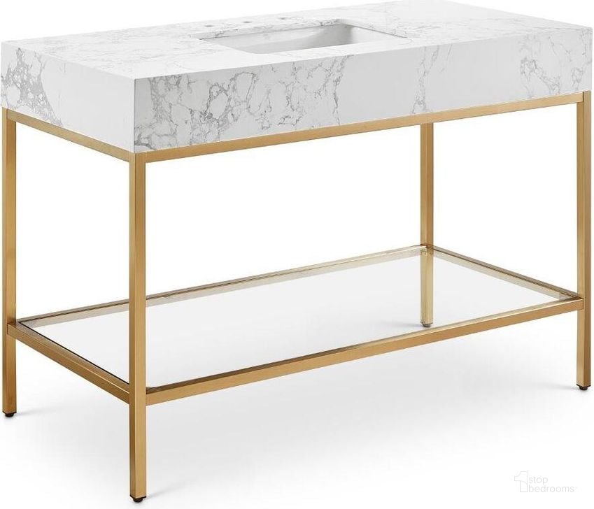 The appearance of Marmo White Artificial Marble Bathroom Vanity 406White-48 designed by Meridian in the modern / contemporary interior design. This white and gold piece of furniture  was selected by 1StopBedrooms from Marmo Collection to add a touch of cosiness and style into your home. Sku: 406White-48. Material: Marble. Product Type: Bathroom Vanity. Image1
