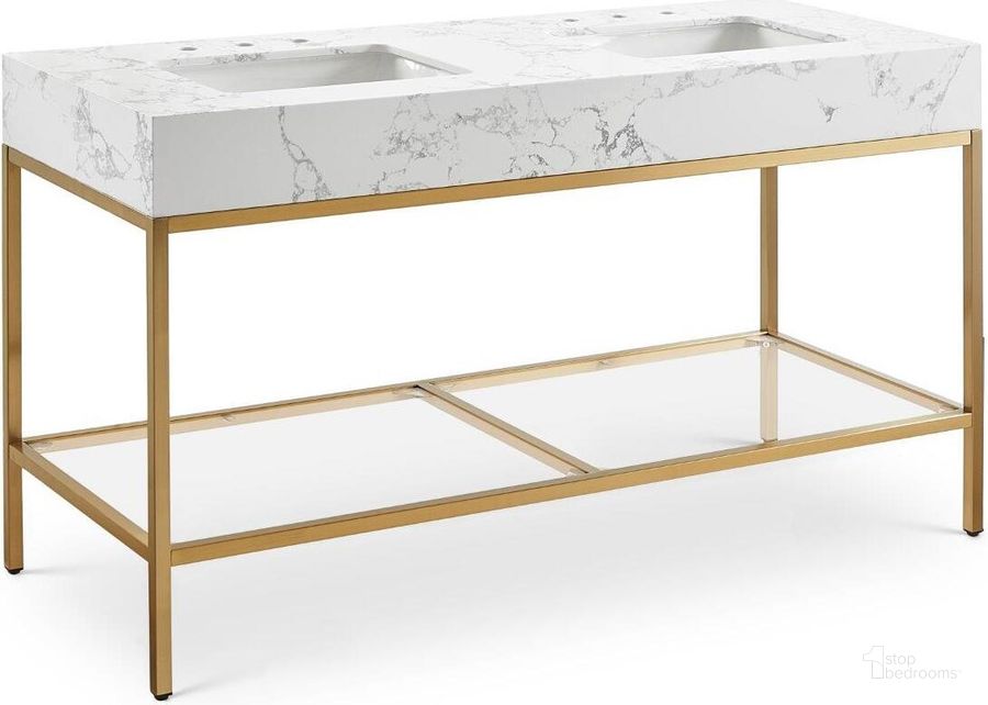 The appearance of Marmo White Artificial Marble Bathroom Vanity 406White-60 designed by Meridian in the modern / contemporary interior design. This white and gold piece of furniture  was selected by 1StopBedrooms from Marmo Collection to add a touch of cosiness and style into your home. Sku: 406White-60. Material: Marble. Product Type: Bathroom Vanity. Image1