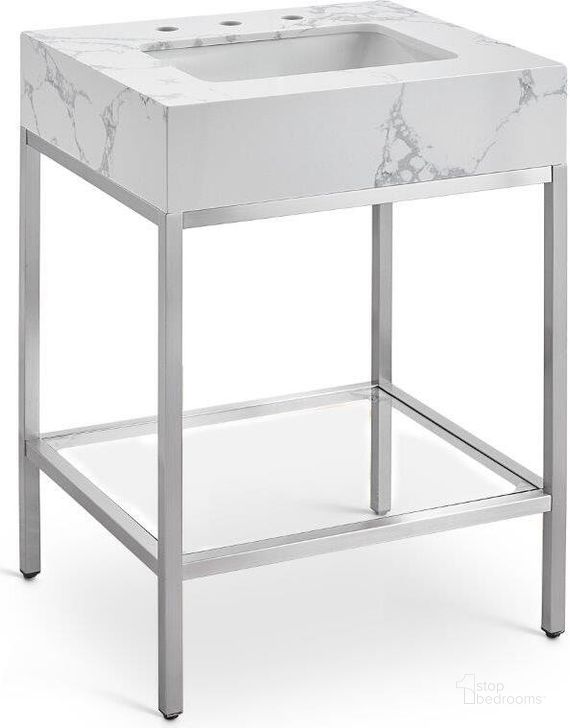The appearance of Marmo White Artificial Marble Bathroom Vanity 408White-24 designed by Meridian in the modern / contemporary interior design. This white and silver piece of furniture  was selected by 1StopBedrooms from Marmo Collection to add a touch of cosiness and style into your home. Sku: 408White-24. Material: Marble. Product Type: Bathroom Vanity. Image1