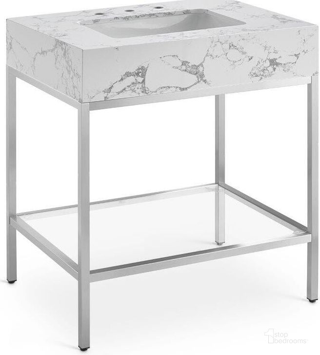 The appearance of Marmo White Artificial Marble Bathroom Vanity 408White-30 designed by Meridian in the modern / contemporary interior design. This white and silver piece of furniture  was selected by 1StopBedrooms from Marmo Collection to add a touch of cosiness and style into your home. Sku: 408White-30. Material: Marble. Product Type: Bathroom Vanity. Image1
