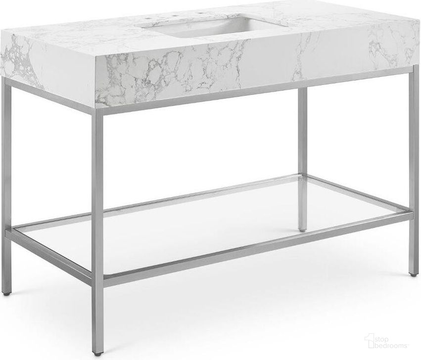 The appearance of Marmo White Artificial Marble Bathroom Vanity 408White-48 designed by Meridian in the modern / contemporary interior design. This white and silver piece of furniture  was selected by 1StopBedrooms from Marmo Collection to add a touch of cosiness and style into your home. Sku: 408White-48. Material: Marble. Product Type: Bathroom Vanity. Image1
