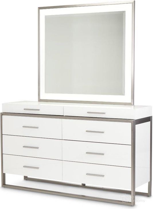 The appearance of Marquee Dresser With Mirror In Cloud White designed by AICO in the modern / contemporary interior design. This cloud white piece of furniture  was selected by 1StopBedrooms from Marquee Collection to add a touch of cosiness and style into your home. Sku: KI-MRQE050-108;KI-MRQE260-108. Product Type: Dresser. Material: MDF. Image1