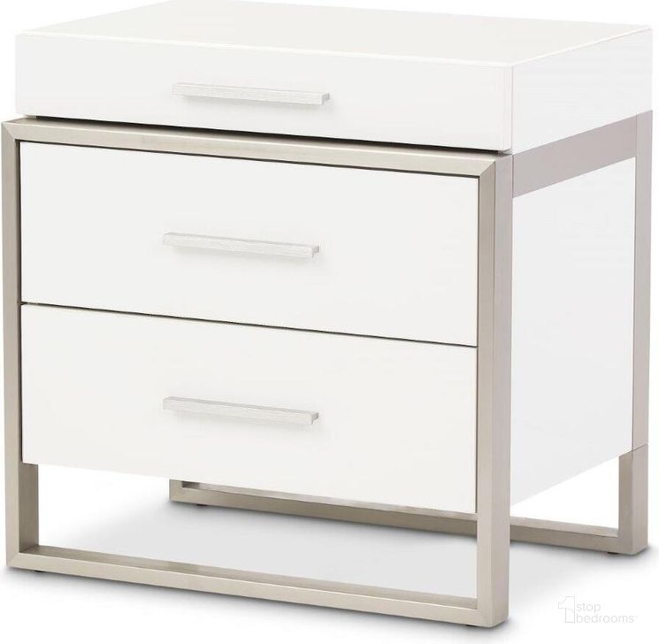 The appearance of Marquee Nightstand With Led Lights In Cloud White designed by AICO in the modern / contemporary interior design. This cloud white piece of furniture  was selected by 1StopBedrooms from Marquee Collection to add a touch of cosiness and style into your home. Sku: KI-MRQE040-108. Product Type: Nightstand. Material: MDF. Image1
