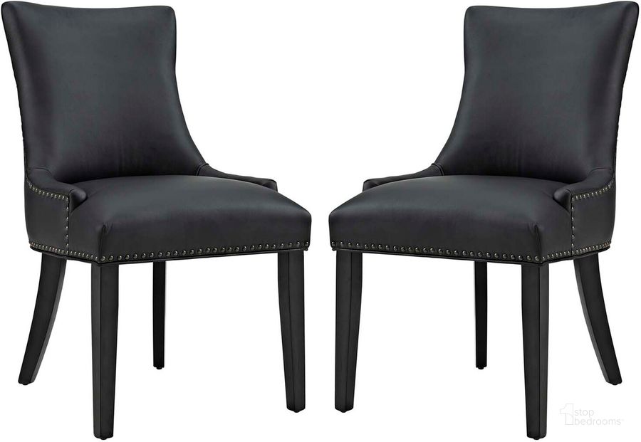 The appearance of Marquis Black Dining Chair Faux Leather Set of 2 designed by Modway in the modern / contemporary interior design. This black piece of furniture  was selected by 1StopBedrooms from Marquis Collection to add a touch of cosiness and style into your home. Sku: EEI-3498-BLK. Material: Wood. Product Type: Dining Chair. Image1