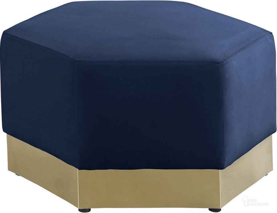 The appearance of Marquis Navy Velvet Ottoman designed by Meridian in the modern / contemporary interior design. This navy velvet piece of furniture  was selected by 1StopBedrooms from Marquis Collection to add a touch of cosiness and style into your home. Sku: 600Navy-Ott. Product Type: Ottoman. Material: Velvet. Image1