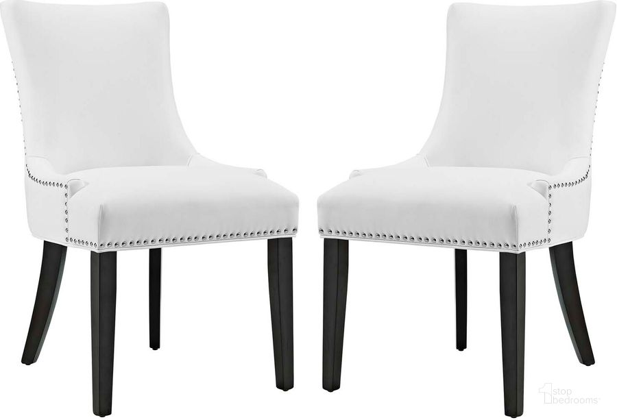 The appearance of Marquis White Dining Chair Faux Leather Set of 2 designed by Modway in the modern / contemporary interior design. This white piece of furniture  was selected by 1StopBedrooms from Marquis Collection to add a touch of cosiness and style into your home. Sku: EEI-3498-WHI. Material: Wood. Product Type: Dining Chair. Image1