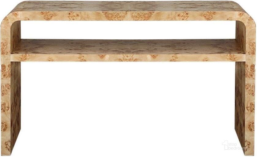 The appearance of Marshall Burl Wood Waterfall Edge 2 Tier Console Table designed by Worlds Away in the modern / contemporary interior design. This beige piece of furniture  was selected by 1StopBedrooms from Marshall Collection to add a touch of cosiness and style into your home. Sku: MARSHALL BW. Product Type: Console Table. Material: MDF. Image1