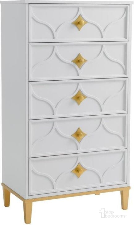 The appearance of Martin Svensson Home Emma 5 Drawer Chest In White And Gold designed by Martin Svensson Home in the modern / contemporary interior design. This gold piece of furniture  was selected by 1StopBedrooms from Emma Collection to add a touch of cosiness and style into your home. Sku: 6805725. Product Type: Chest. Material: MDF. Image1