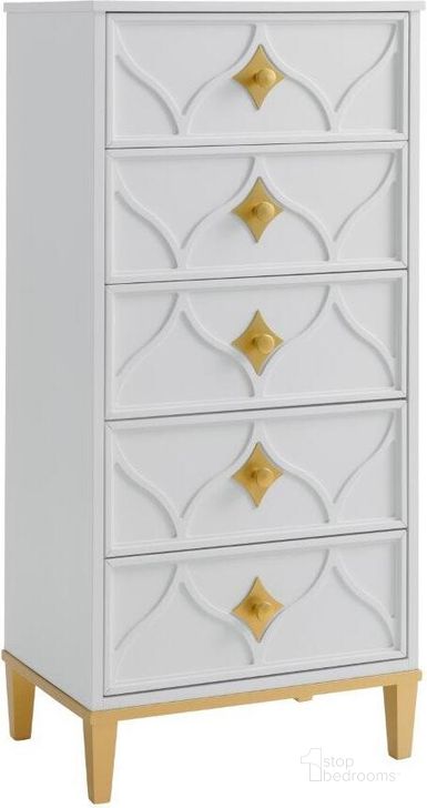 The appearance of Martin Svensson Home Emma 5 Drawer Lingerie Chest In White And Gold designed by Martin Svensson Home in the modern / contemporary interior design. This gold piece of furniture  was selected by 1StopBedrooms from Emma Collection to add a touch of cosiness and style into your home. Sku: 6805724. Product Type: Chest. Material: MDF. Image1