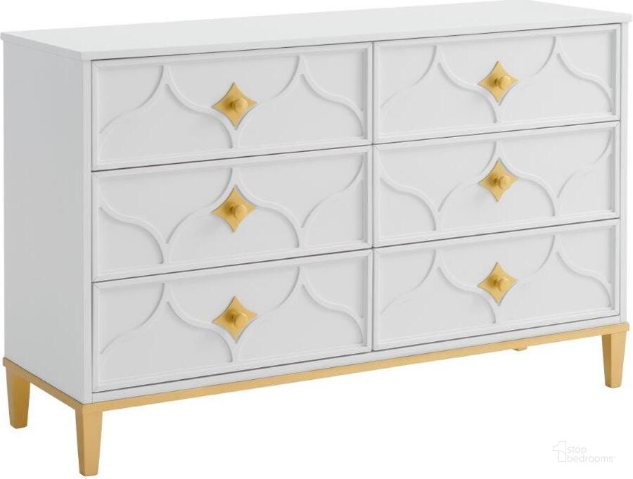 The appearance of Martin Svensson Home Emma 6 Drawer Dresser In White And Gold designed by Martin Svensson Home in the modern / contemporary interior design. This gold piece of furniture  was selected by 1StopBedrooms from Emma Collection to add a touch of cosiness and style into your home. Sku: 6805706. Product Type: Dresser. Material: MDF. Image1