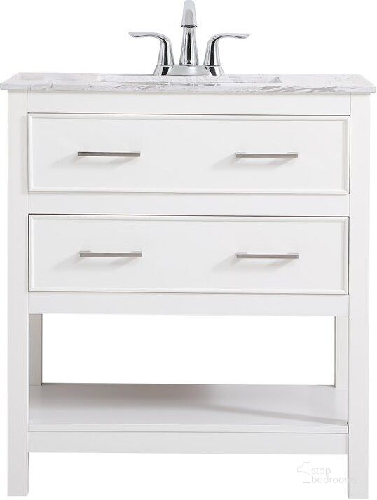 The appearance of Martins 30 Inch Single Bathroom Vanity In White designed by Elegant Lighting in the transitional interior design. This white piece of furniture  was selected by 1StopBedrooms from Martins Collection to add a touch of cosiness and style into your home. Sku: VF90130WH. Material: Wood. Product Type: Bathroom Vanity. Image1