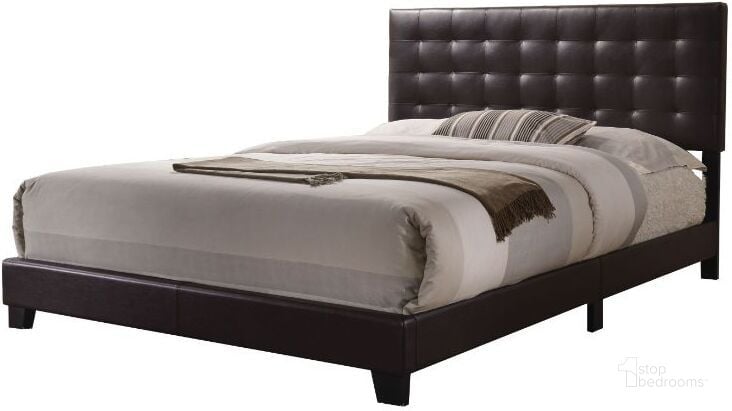 The appearance of Masate Espresso Queen Upholstered Platform Bed designed by ACME in the modern / contemporary interior design. This brown piece of furniture  was selected by 1StopBedrooms from Masate Collection to add a touch of cosiness and style into your home. Sku: 26350Q. Bed Type: Platform Bed. Product Type: Platform Bed. Bed Size: Queen. Material: Vinyl. Image1