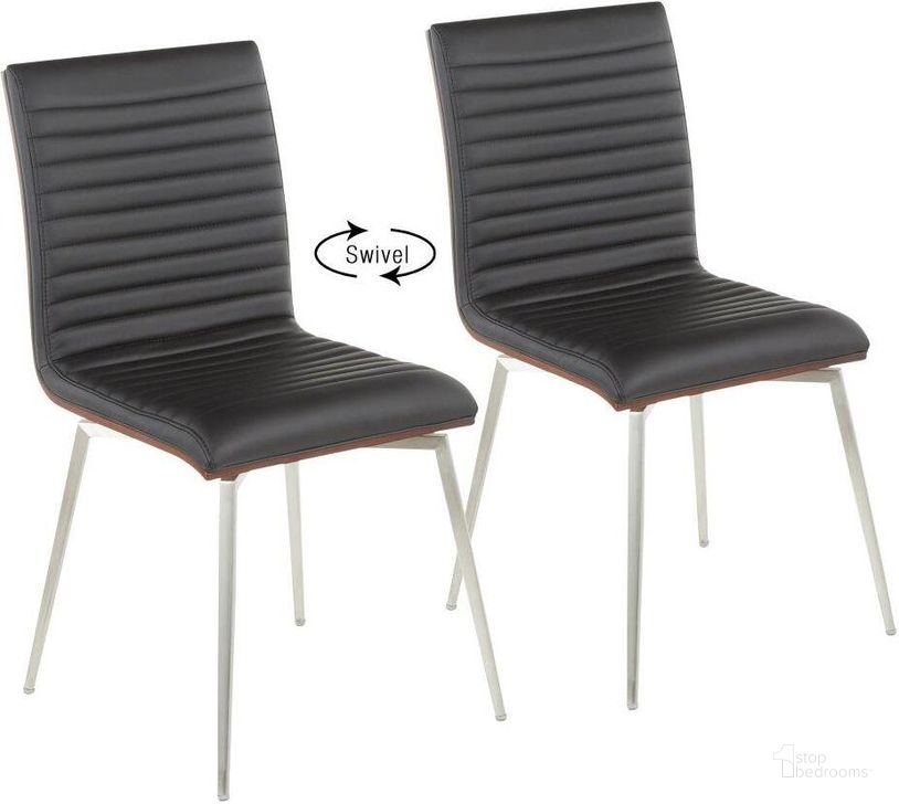 The appearance of Mason Contemporary Dining/Accent Chair With Swivel In Stainless Steel, Walnut Wood, And Black Faux Leather - Set Of 2 designed by Lumisource in the modern / contemporary interior design. This stainless steel piece of furniture  was selected by 1StopBedrooms from Mason Collection to add a touch of cosiness and style into your home. Sku: CH-MSNSWV WLBK2. Product Type: Swivel Chair. Material: PU. Image1