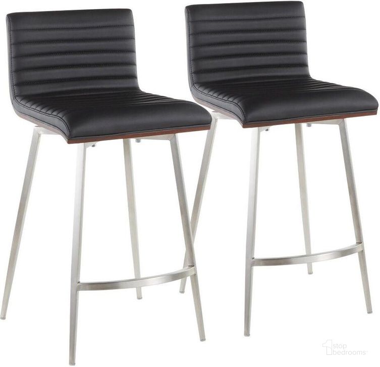 The appearance of Mason Contemporary Swivel Counter Stool In Stainless Steel, Walnut Wood, And Black Faux Leather - Set Of 2 designed by Lumisource in the modern / contemporary interior design. This black piece of furniture  was selected by 1StopBedrooms from Mason Collection to add a touch of cosiness and style into your home. Sku: B26-MSNSW WLBK2. Product Type: Barstool. Material: PU. Image1