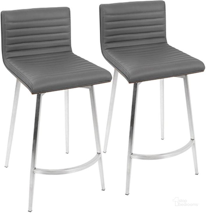 The appearance of Mason Contemporary Swivel Counter Stool In Stainless Steel, Walnut Wood, And Grey Faux Leather - Set Of 2 designed by Lumisource in the modern / contemporary interior design. This gray piece of furniture  was selected by 1StopBedrooms from Mason Collection to add a touch of cosiness and style into your home. Sku: B26-MSNSW WLGY2. Product Type: Barstool. Material: PU. Image1