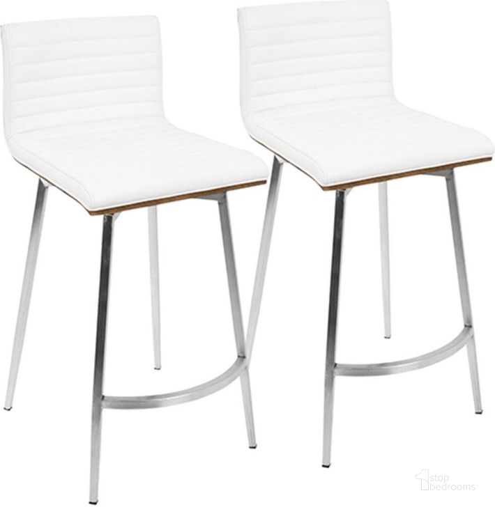 The appearance of Mason Contemporary Swivel Counter Stool In Stainless Steel, Walnut Wood, And White Faux Leather - Set Of 2 designed by Lumisource in the modern / contemporary interior design. This white piece of furniture  was selected by 1StopBedrooms from Mason Collection to add a touch of cosiness and style into your home. Sku: B26-MSNSW WLW2. Material: Metal. Product Type: Barstool. Image1