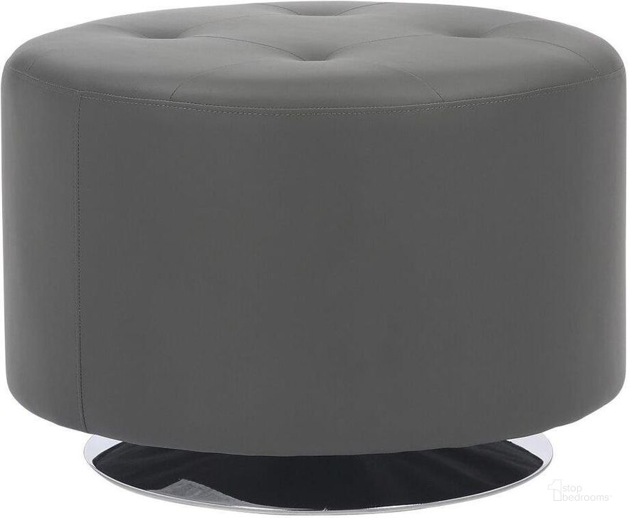 The appearance of Mason Round Swivel 26 Inch Contemporary Ottoman In Chrome Metal And Grey Faux Leather designed by Lumisource in the modern / contemporary interior design. This chrome piece of furniture  was selected by 1StopBedrooms from Mason Collection to add a touch of cosiness and style into your home. Sku: OT-RNDSWVL26 GY. Product Type: Ottoman. Material: PU. Image1