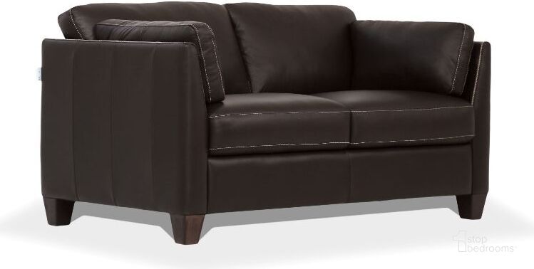 The appearance of Matias Chocolate Leather Loveseat designed by ACME in the modern / contemporary interior design. This chocolate piece of furniture  was selected by 1StopBedrooms from Matias Collection to add a touch of cosiness and style into your home. Sku: 55011. Material: Wood. Product Type: Leather Loveseat. Image1