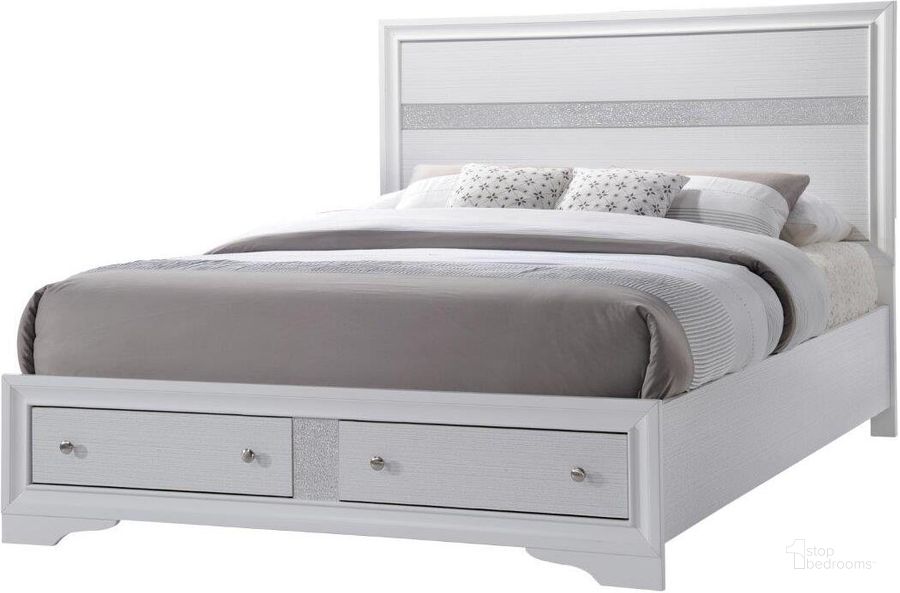 The appearance of Matrix Queen Bed In White designed by Galaxy Home Furnishings in the modern / contemporary interior design. This white piece of furniture  was selected by 1StopBedrooms from Matrix Collection to add a touch of cosiness and style into your home. Sku: 808857564733. Bed Type: Storage Bed. Material: Wood. Product Type: Storage Bed. Bed Size: Queen. Image1