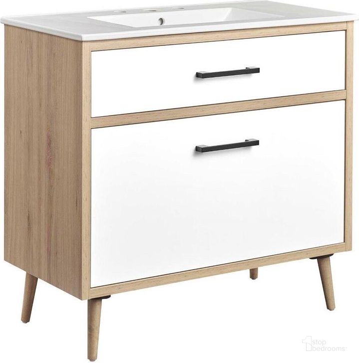 The appearance of Maverick 36 Inch Bathroom Vanity In White Oak designed by Modway in the modern / contemporary interior design. This oak and white piece of furniture  was selected by 1StopBedrooms from Maverick Collection to add a touch of cosiness and style into your home. Sku: EEI-6500-WHI-OAK. Product Type: Bathroom Vanity. Material: Rubberwood. Image1