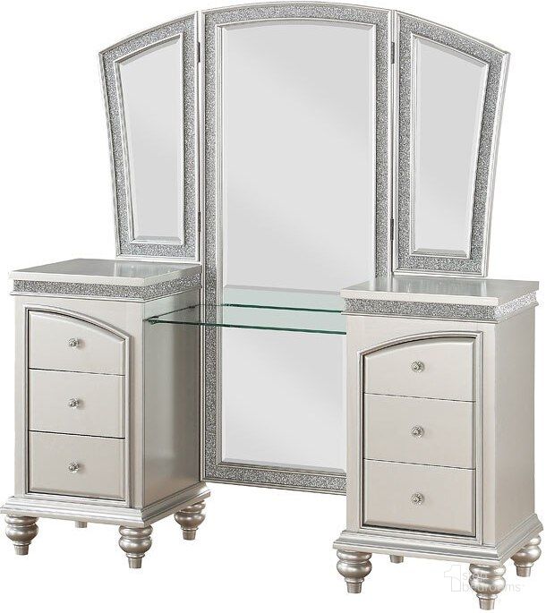The appearance of Maverick Vanity Desk w/ Mirror designed by ACME in the glam interior design. This platinum piece of furniture  was selected by 1StopBedrooms from Maverick Collection to add a touch of cosiness and style into your home. Sku: 91800R;91801L;91802MR. Material: Wood. Product Type: Bedroom Vanity. Image1